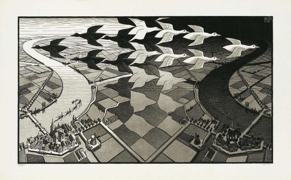 [M.C. Escher](https://www.mcescher.com) Day and Night, 1938. M.C. Escher Heritage Collection, The Netherlands All M.C. Escher works © 2026 The M.C. Escher Heritage, Baarn, The Netherlands. All rights reserved