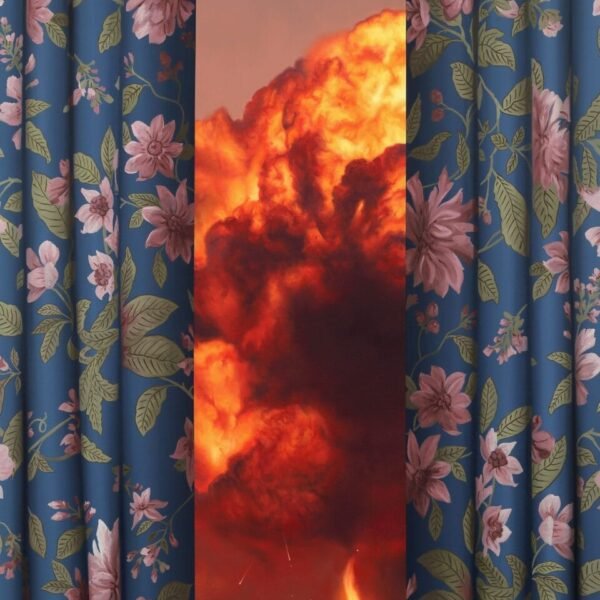 a painting by Shawn Huckins of curtains opening to reveal a fire