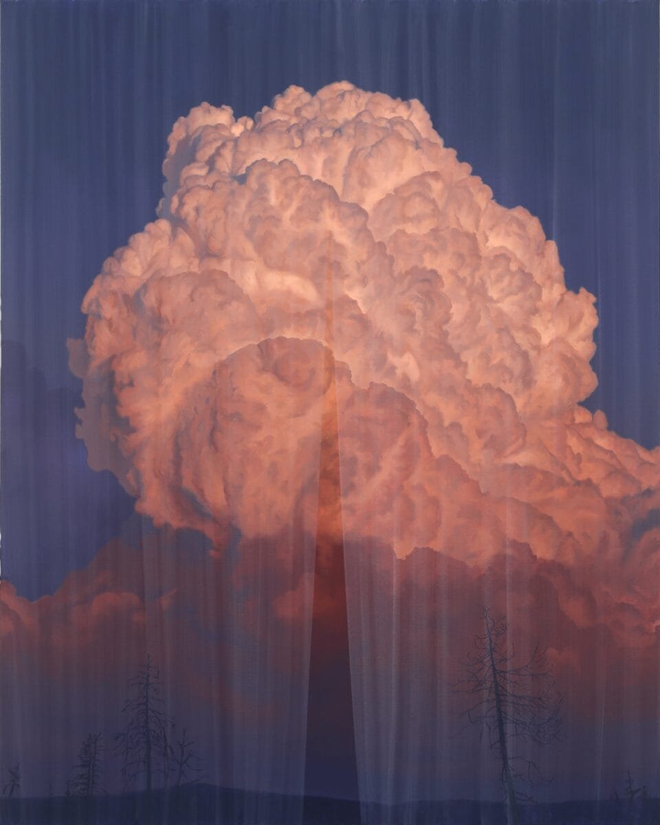 a painting by Shawn Huckins of a sheer curtain veiling a plume of smoke
