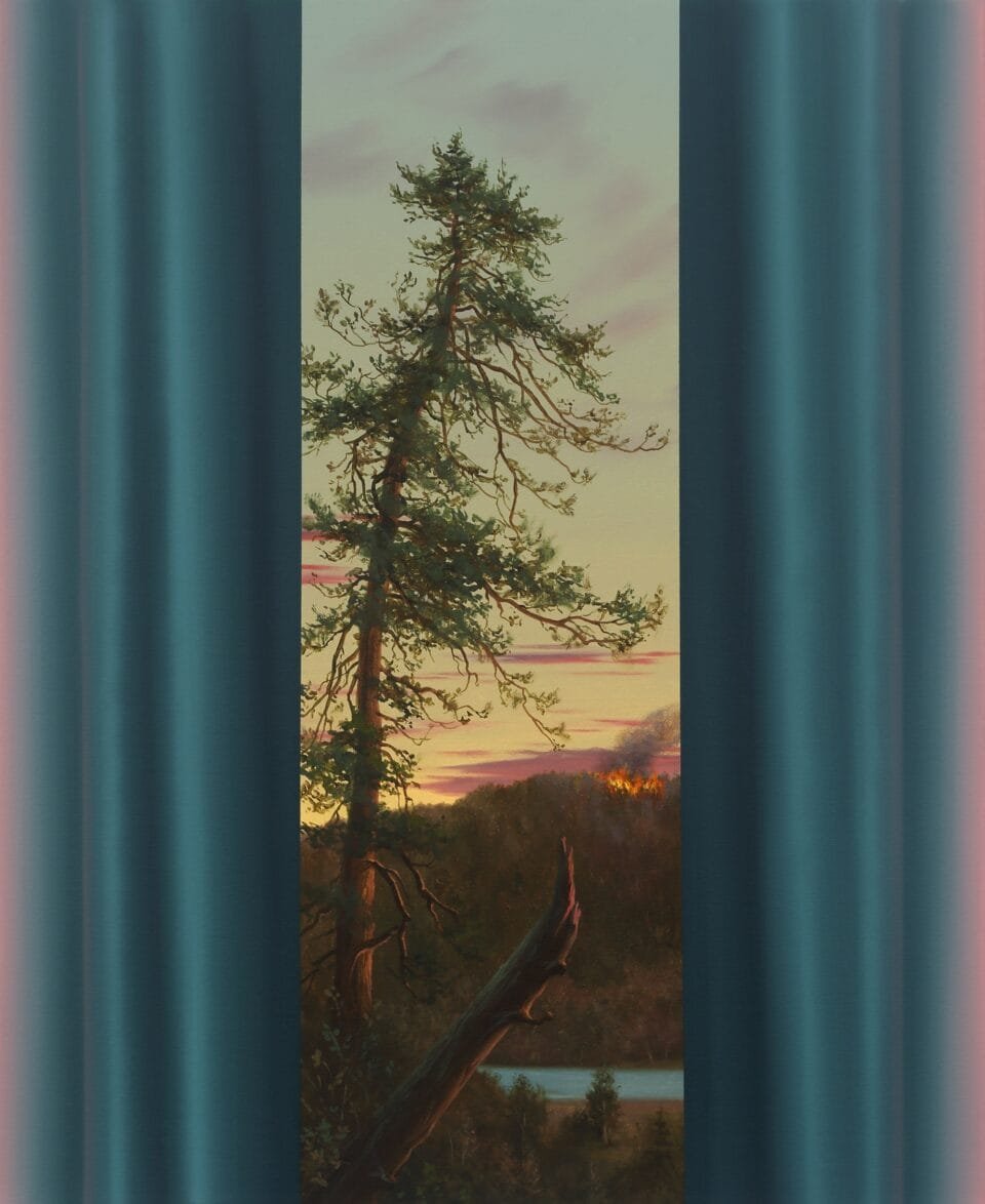 a painting by Shawn Huckins of curtains opening to reveal a landscape