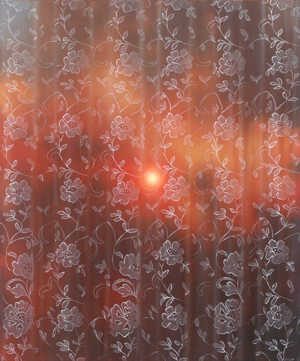 a painting by Shawn Huckins of a sheer curtain veiling a fire