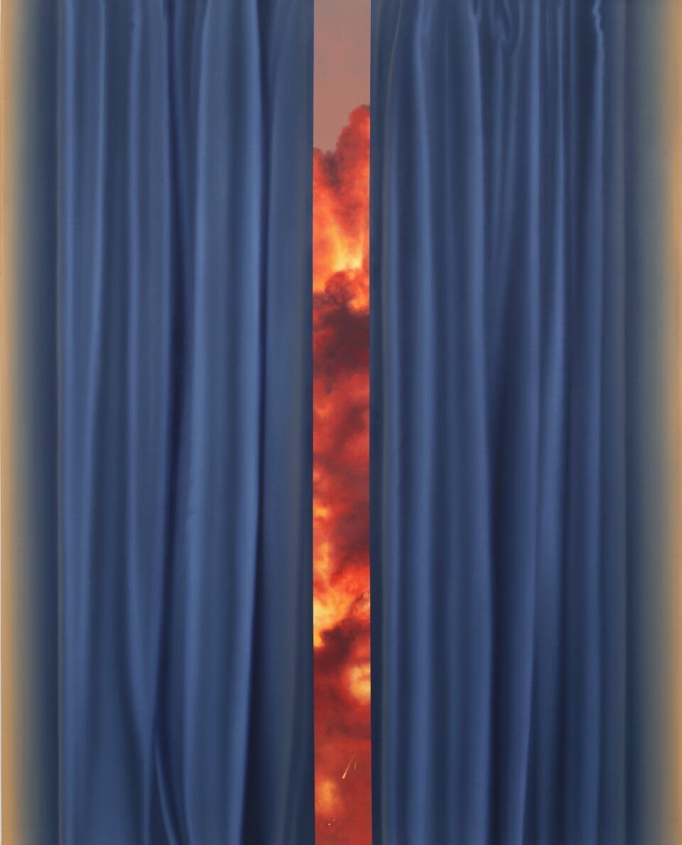 a painting by Shawn Huckins of curtains opening to reveal a fire
