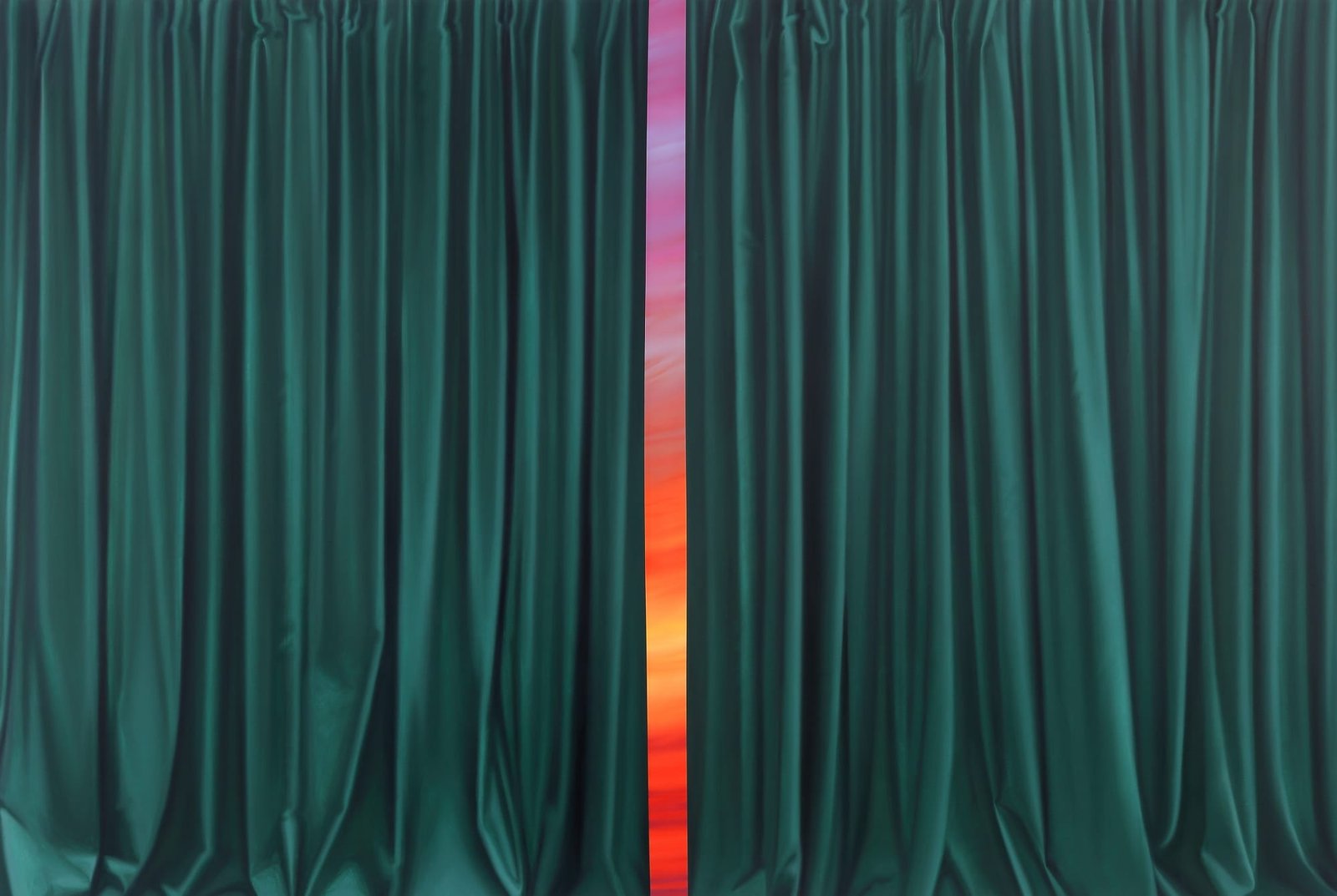 a painting by Shawn Huckins of curtains opening to reveal a sunrise