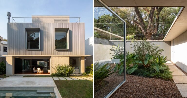 a glass pivot door blends home and backyard for this são paulo residence