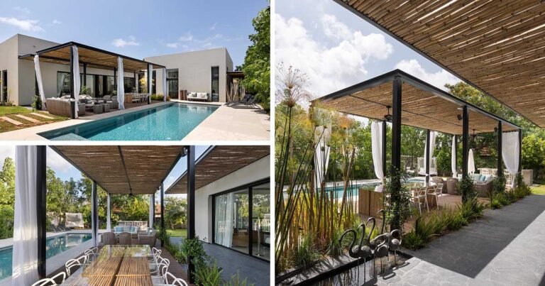 A Bamboo Pergola Creates Additional Outdoor Living Space At This Home