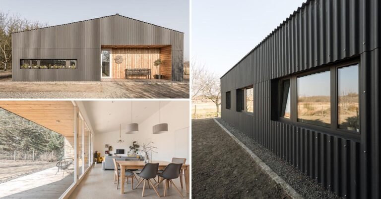 Black Corrugated Fiber-Cement Siding Almost Completely Covers The Exterior Of This New Home