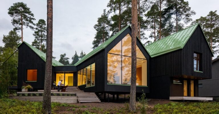 pirinen & salo units three-volume charred wooden home between pine bushes in finland