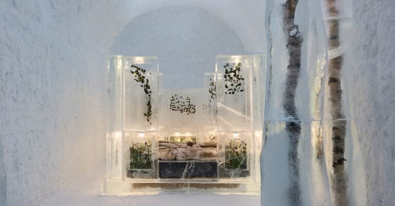 bernadotte/kylberg’s suite design at icehotel 365 alludes to midsummer in sweden