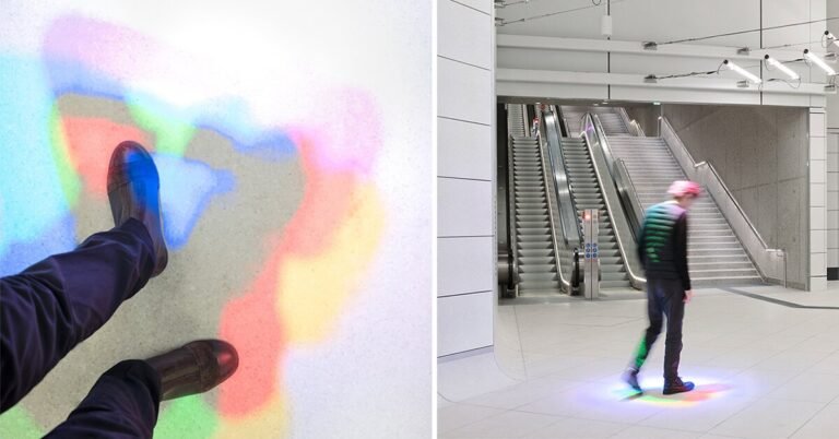 ingo maurer installs RGB spotlights in tram stations to colorize passengers’ shadows