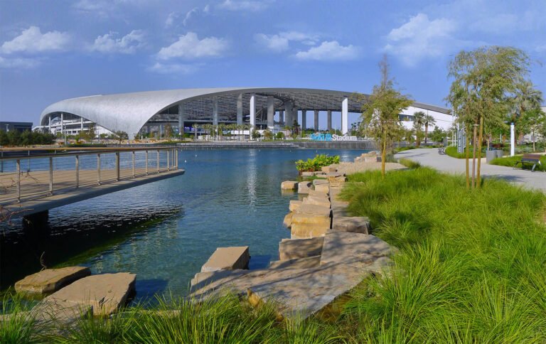 Studio-MLA debuts a sprawling, lake-anchored panorama at SoFi Stadium