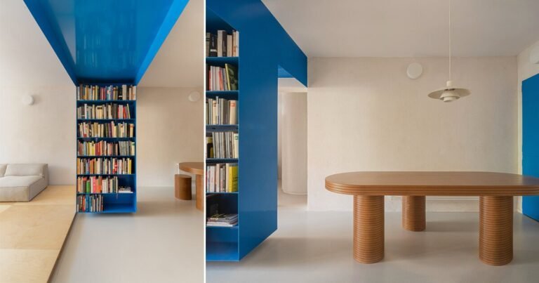 floating blue bookshelf facilities BURR’s conversion challenge in madrid