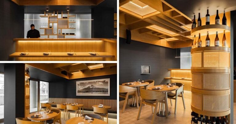 Wooden And LED Lighting Create A Heat Glow In Distinction To The Darkish Background In This Restaurant