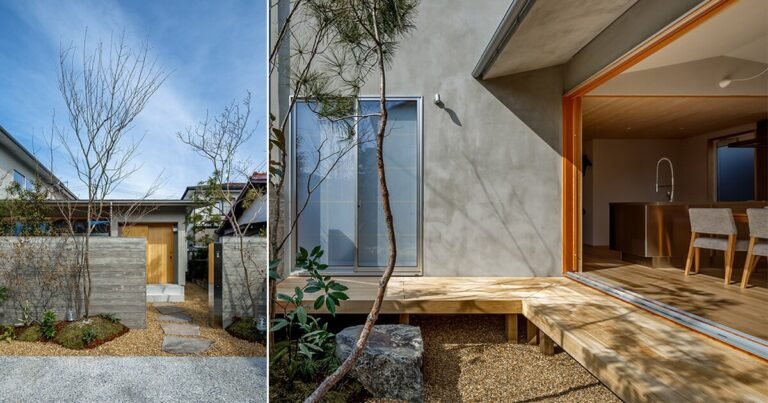 L-shaped home by fireplace architects embraces vivid courtyard in japan