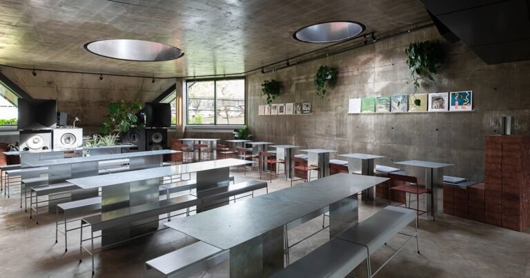 clean-cut furnishings full MDT mobilier’s brutalist café in montreal