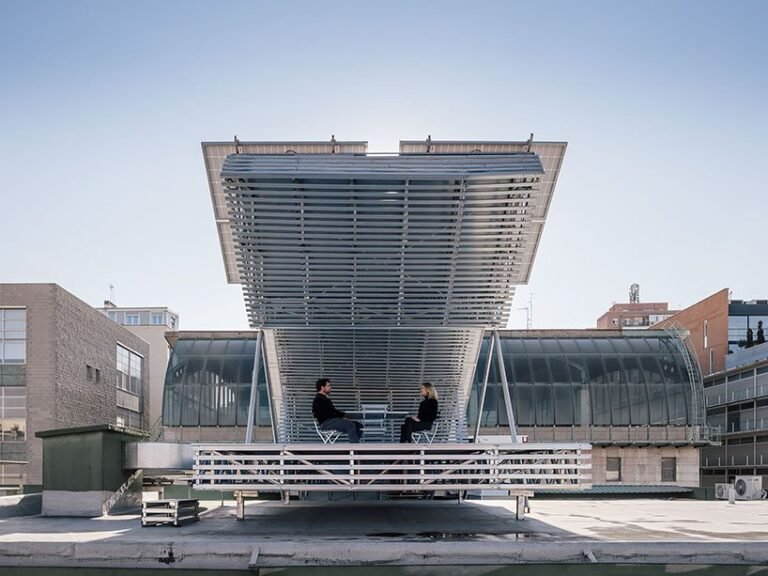 ignacio borrego designs photo voltaic panel construction that doubles as pergola on rooftop in madrid