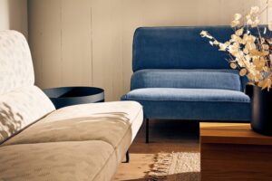 أريكة بيج وأريكة زرقاء في مساحة المعيشة