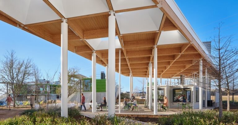 mark odom studio creates vibrant public space in austin with shipping containers on stilts