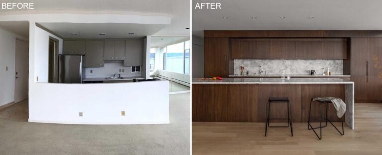 Before & After – An Apartment Kitchen Remodeled With Dark Stained Oak Cabinets And Honed Marble Countertops