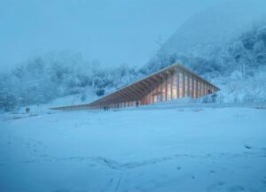 مركز التراث العالمي المصمم على شكل إسفين يقطع بمهارة في المناظر الطبيعية النرويجية
