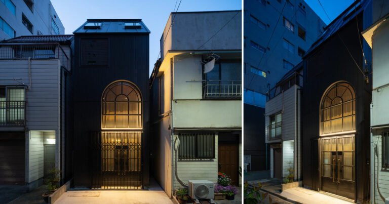 arte-1 architects designs a narrow house with a big glass door in tokyo