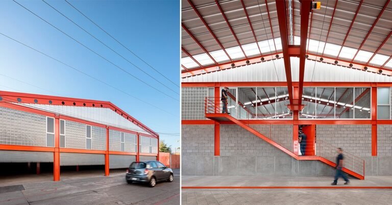 bright orange coating outlines this steel warehouse in morelia, mexico