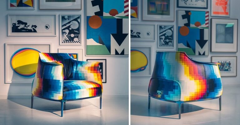 Artist Felipe Pantone adds pixelated patterns to Poltrona Frau’s Archibald armchair