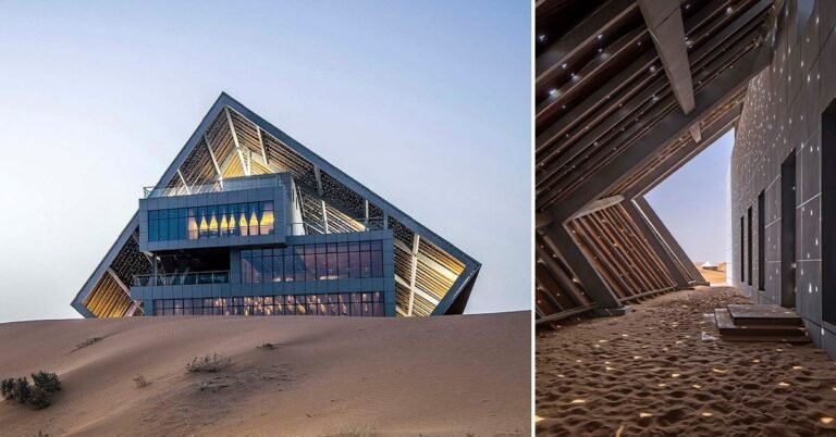 treasure chest-inspired ‘desert galaxy camp’ is half-buried in the sand dunes