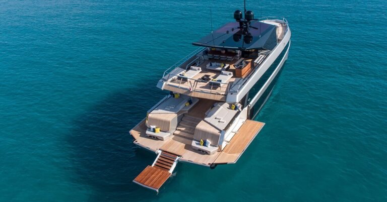 spaceship-like wallywhy200 superyacht floats folding terrace over water