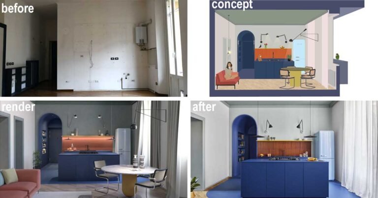 Before & After – A Remodeled Apartment Interior Uses Bold Colors In Its Design