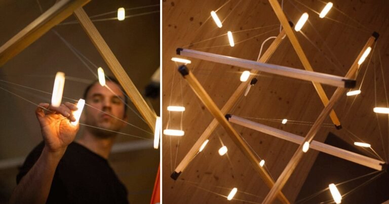 sculptural tensegrity lamp strikes a balance between compression and tension