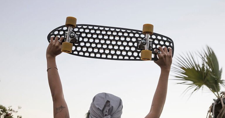 lander recycles discarded ocean fishing nets into quirky perforated skateboards