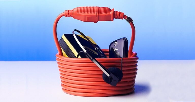 nik bentel wraps a single 25 ft electric cord into a statement bucket-shaped handbag 