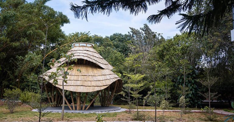 locally harvested bamboo & cane shape this sculptural meditation gazebo in tamil nadu, india
