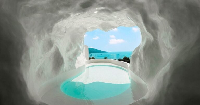 cliffside resort’s white caves and arches frame the views of chinese south coast