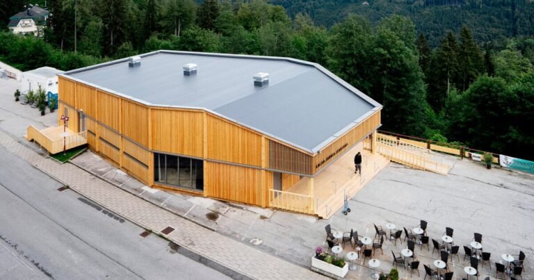 regional larch wood makes up sustainable mobile concert hall in austrian hillside