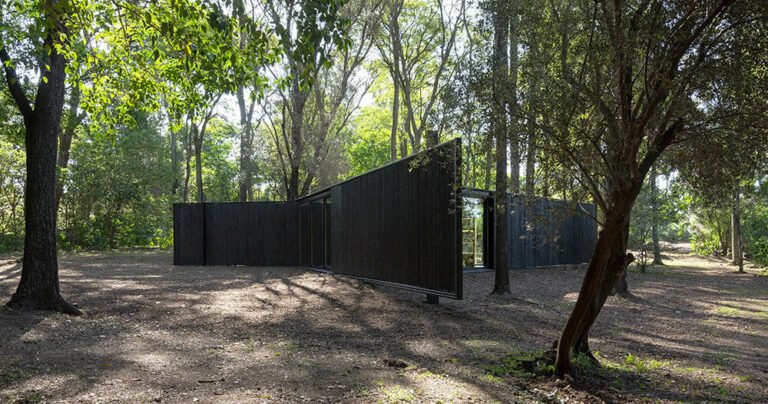 triangular ‘archipelago pavilion’ designed for flexible use in woods of argentina
