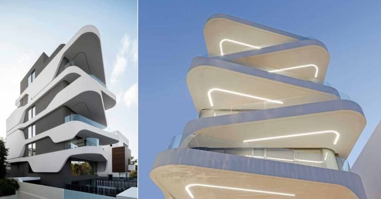 Lighting Highlights The Alternating Curvilinear Balconies Of This New Apartment Building