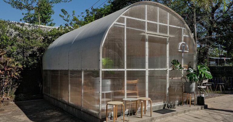 20 sqm coffee shop pops up like a greenhouse in the front yard of a residence in indonesia