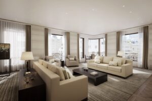 Giorgio Armani apartment living area with white furniture and gray rug