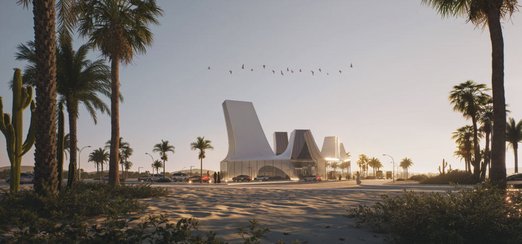 Exterior view of the proposed Shuaiba Visitor Center design by INJ Architects, highlighting its distinctive facade and integrated landscape features.