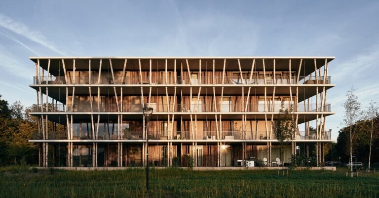 a series of tree trunk columns runs along residential building’s facade in the netherlands