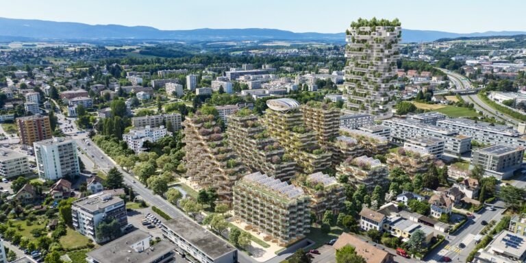 vincent callebaut’s carless & timber eco-district in switzerland hosts cascading ‘sky villas’