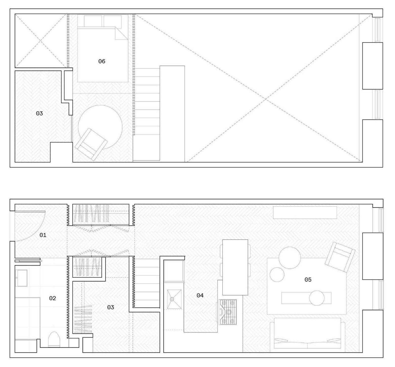 Architectural drawings for a renovated small loft apartment.