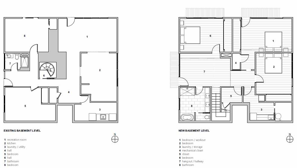 Architectural drawings for a renovated mid-century modern home.