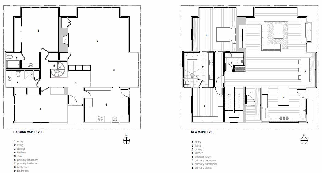 Architectural drawings for a renovated mid-century modern home.