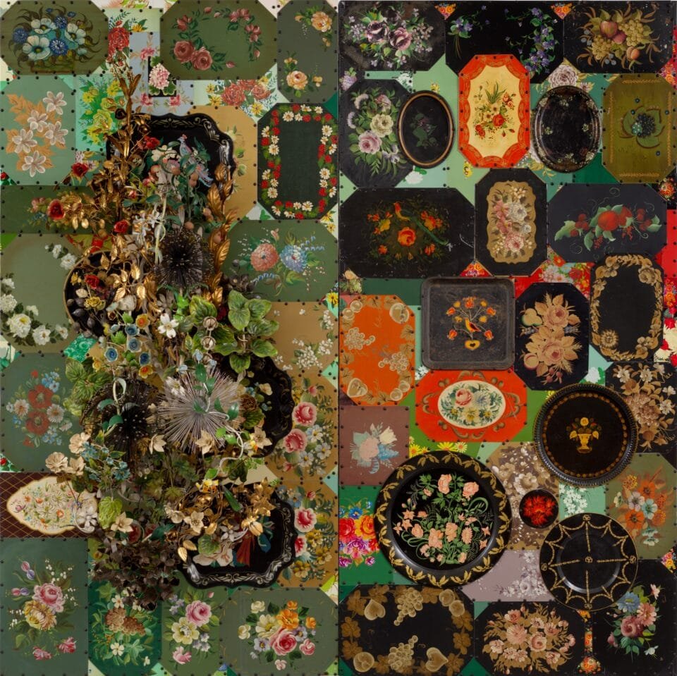 a multi panel work with sculptural florals and a background of floral decorated serving trays