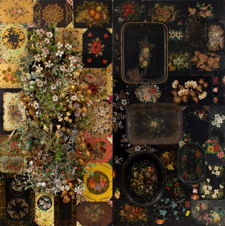 a multi panel work with sculptural florals and a background of floral decorated serving trays