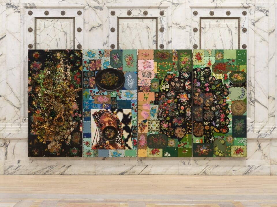 a multi panel work with a portrait of a black man, sculptural florals, and a background of floral decorated serving trays