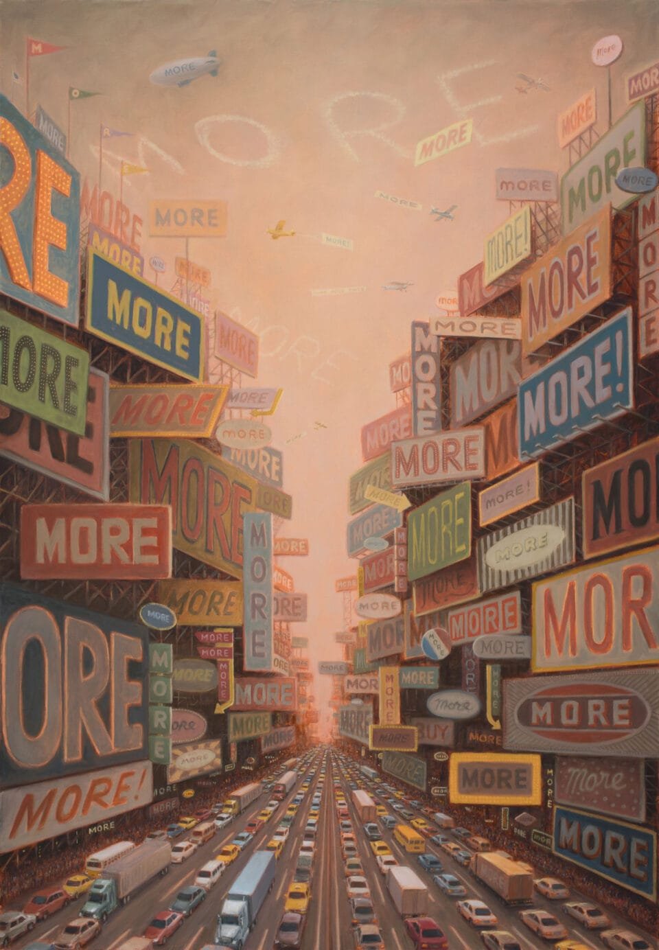 A cityscape of bumper-to-bumper traffic along a road with a seemingly never-ending plethora of advertisement signs that read "MORE"