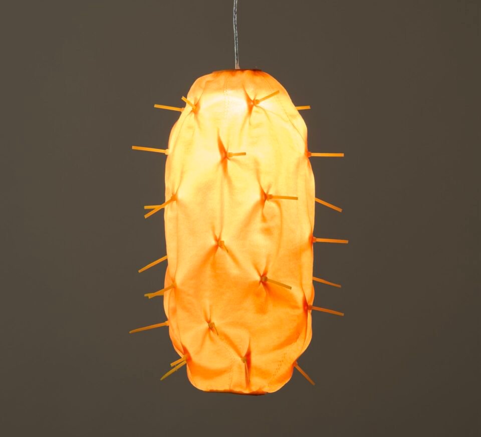 a detail of a suspended orange lamp abstractly reminiscent of a tropical fruit